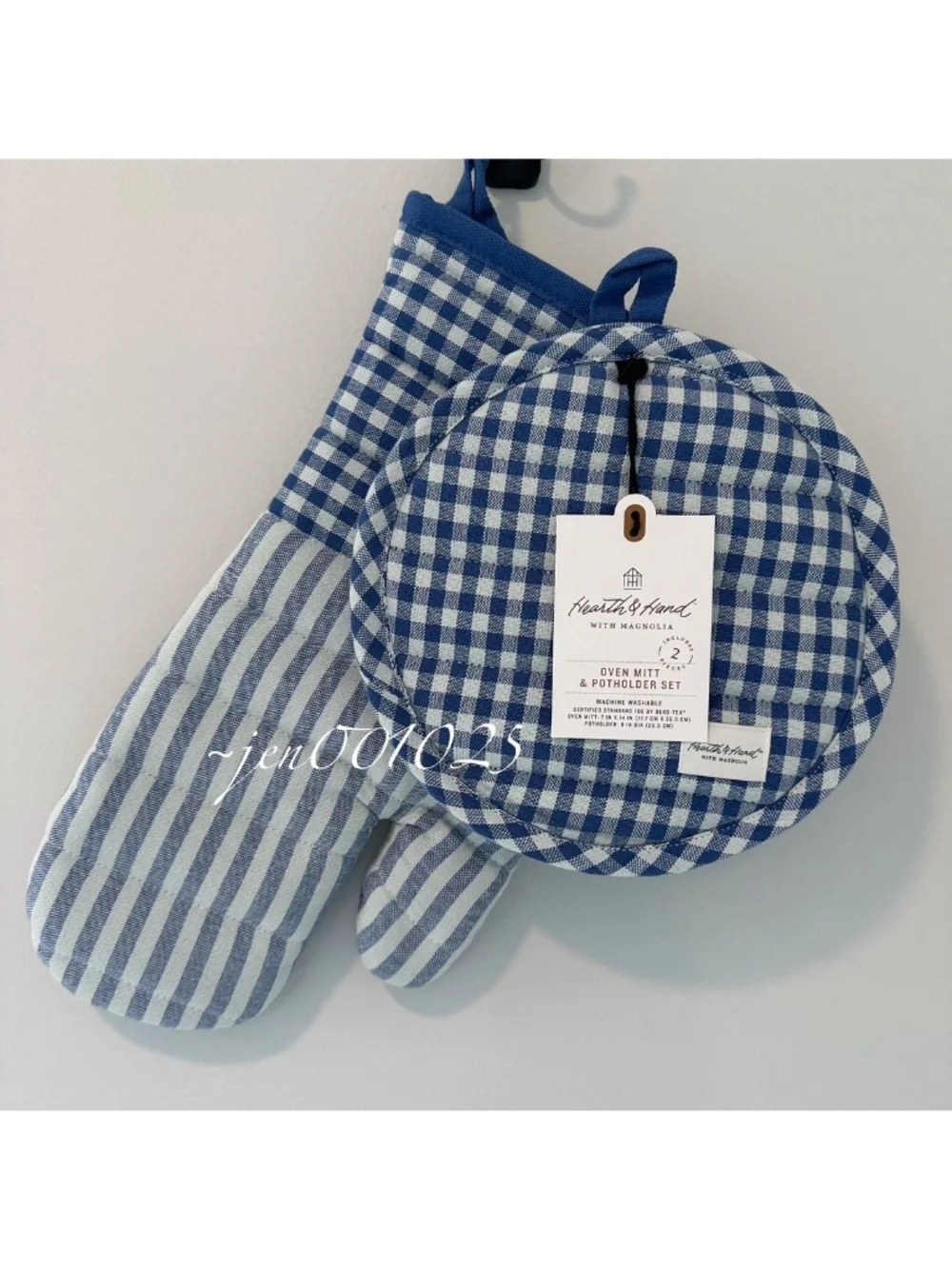 2pc Checkered Oven Mitt & Potholder Set Blue/White - Hearth & Hand Magnolia